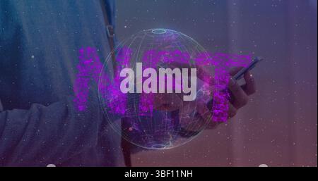 Image of nft and globe over hands of caucasian man using smartphone Stock Photo