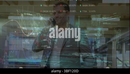 Image of financial data processing over businessmen using smartphone Stock Photo