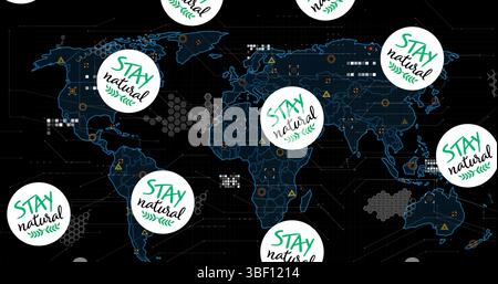 Image of stay natural in circles falling over world map with icons Stock Photo