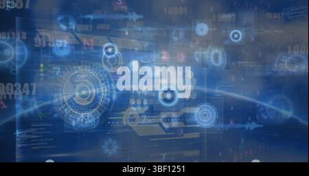Image of diverse data and processing circles on digital screens and blue background Stock Photo