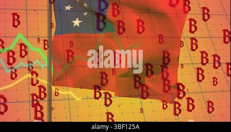 Image of multiple bitcoin symbols and graphs over grid network against samoa flag Stock Photo