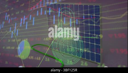 Image of digital padlock, financial data and graphs over solar panels Stock Photo