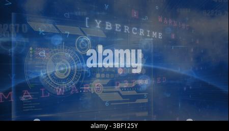 Image of diverse data and processing circles on digital screens and blue background Stock Photo