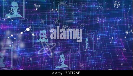Image of user photos, molecules and lights on blue background Stock Photo