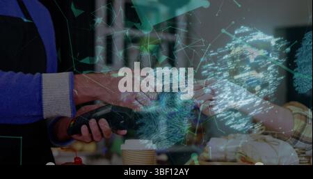 Image of digital padlock and fingerprint over hands of caucasian people using payment terminal Stock Photo
