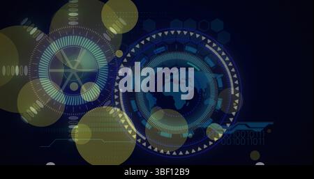 Image of dots blinking over globe and processing circle on black background Stock Photo