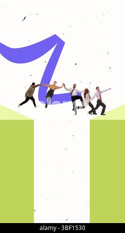 Contemporary art collage. Confident leader moves ahead over chasm holding teammates behind in united chain. Leader First Stock Photo