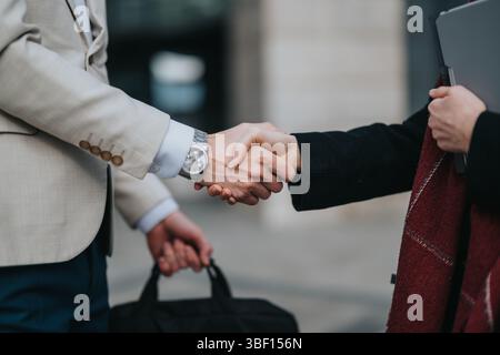 Professional handshake between two individuals in an urban setting symbolizing agreement Stock Photo