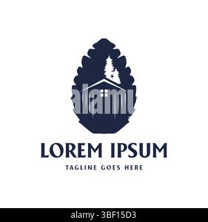 Simple Minimalist Pine Cone Silhouette with Chalet Cabin Illustration Logo Design Vector Stock Vector