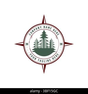Circular Compass with Pine Evergreen Pine Cedar Conifer Evergreen Spruce Cypress Hemlock Fir Trees Forest Badge Emblem Stock Vector