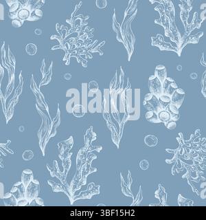 Marine underwater clip art with shells, sea sponges, corals, starfish, pebbles, seaweed, fish, bubbles. Graphic illustration hand drawn in white ink Stock Vector