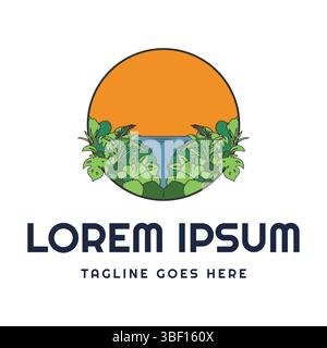 Circular Tropical Bush Forest with Ocean Beach or Lake River Creek for Outdoor Vacation Illustration Logo Design Vector Stock Vector