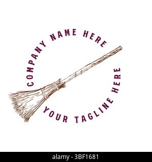 Vintage Retro Hand Drawn Broom Stick Illustration Logo Design Vector Stock Vector