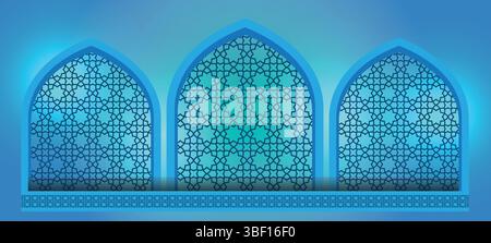 Islamic Arch Window Pattern – Arabic Geometric Blue Background Vector Stock Vector