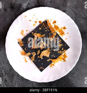 A few flakes and crumbs left on a plate and napkin after eating a breakfast croissant - France. Stock Photo