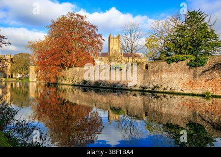 Wells Cathedral and the Bishop's Palace garden wall and moat with mirror-like reflections in autumn, Wells, Somerset, England, UK Stock Photo