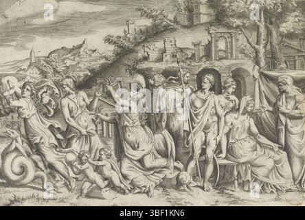 Italy, Bonasone, Giulio, Jason and Medea, Italy, vero - stamped, Four scenes from Medea's story. To the right, Creusa, the bride of Jason, sitting in front of her father Creon. Behind Creusa is a soldier. On the left side of the soldier, Creusa collapses, because of the pain of the burns she received from the cloak Medea had given her. To the left of Creusa is Medea with her two children. The far left is Medea on a wagon pulled by dragons. She holds one of her children over her shoulder, which she will later kill. In the background the Forum Romanum., print, height 211 mm, width 314 mm, Italia Stock Photo