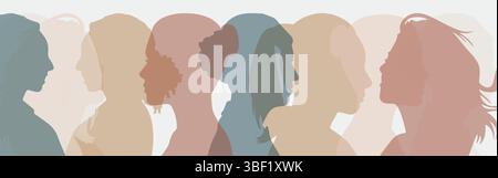 A group of diverse women silhouettes in soft pastel colors facing sideways create a sense of community and equality Stock Vector