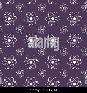 Seamless White Atom Pattern on Dark Purple Background. Concept of Science Illustration, Atomic Structure, Chemistry, Physics. Educational Design Eleme Stock Vector