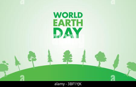Green Earth Day message with tree silhouettes sitting on a gently curved hill against a light green gradient background Stock Vector