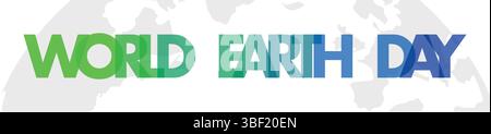 World Earth Day text graphic appears above a map outline in shades of green and blue, creating an environmental awareness theme Stock Vector