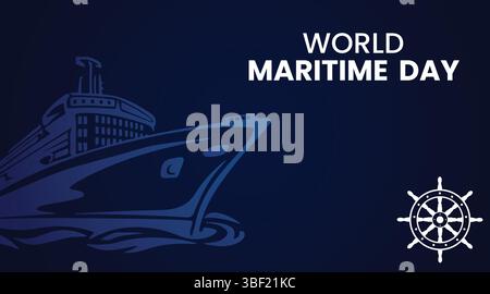 Navy cruise ship is displayed in silhouette with a white nautical wheel against a dark blue background Stock Vector
