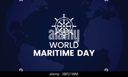 White ship wheel design sits on a dark blue world map background with maritime related text, creating an oceanic and nautical theme Stock Vector
