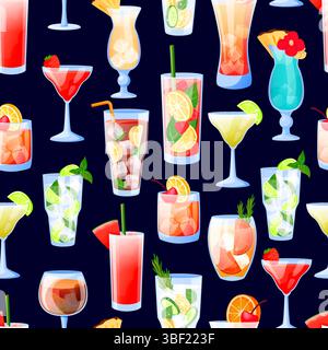 Summer tropical bar cocktails seamless pattern. Vector illustration of multicolor alcohol drinks on black background. Fabric design, wrapping paper, f Stock Vector