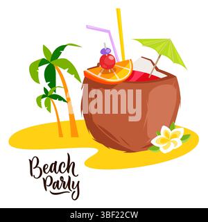 Cocktail in coconut shell and palms on sand beach. Vector flat cartoon illustration for beach bar label, logo. Summer party banner, poster, drinks men Stock Vector