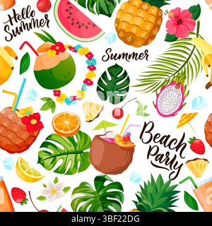 Summer tropical cocktails seamless pattern. Vector illustration of multicolor coconut, pineapple drinks, fruits, palm leaves. Beach bar background. Fa Stock Vector