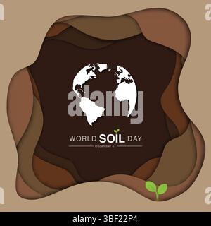 Earth globe is centered against layered brown soil backdrop, rendered in a paper-cut style with organic shapes for environmental campaigns and sustain Stock Vector