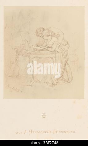 Prestel, Ferdinand August Christian, Huth, Theodor, Photoreproduction drawing by A. Hendschel: Malstunde, photograph, photos, height mm, width mm, photographer, 1870 - 1880, third quarter 19th century, fourth quarter 19th century, album print, albumin print, German, 1826-03-14 - 1890-11-01, photographer Stock Photo