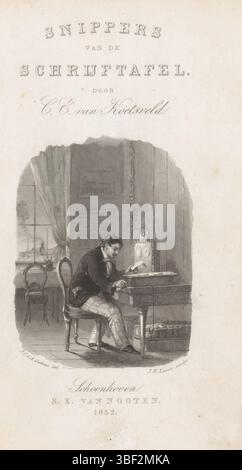 Schoonhoven, Nooten, S.E. van, Arnaud Gerkens, Johannes Christiaan d', Kaiser, Johann Wilhelm (I), Homepage for: C.E. van Koetsveld, Snippets van de writing table, 1852, Telegraphist, verso-stamped, A man, a telegraphist, sits at a desk with a letter in his hand. There's a machine on the desk that he sends the letter coded. Through the window in the background you can see a moving steam train and optical telegraph., print, title page, prints, verso - stamped, height 192 mm, width 114 mm, Dutch, 1813-01-05 - 1900-11-29, printmaker, 1852 - 1852, paper, steel engraving, 1823-05-22 - 1892-04-21, i Stock Photo