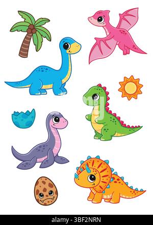 Cute baby dinosaurs. Marine, predatory, herbivorous and flying dinosaurs, dinosaur eggs and palm tree. Vector illustration Stock Vector