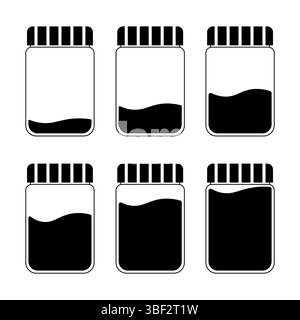 Jar Liquid Level Icons Set Illustration. A black and white illustration showing jars with striped lids, each representing different liquid fill levels Stock Vector