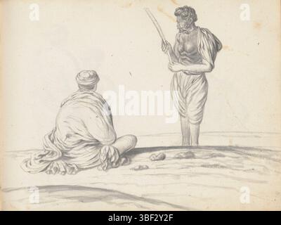 Sri Lanka, Boursse, Esaias, Two workers, Sri Lanka, Two labourers, Left on the ground in an uneven terrain is a man in tailor's seat, drawn from behind. His back and shoulders are wrapped in a large shawl (chadar). From the hip rug (veshti, lungi) he wears to see his right only some folds. Around the head with short cut hair he wears a hat or hat. The standing man wears a kneelong between the legs stretched hip rug (veshti, lungi) that is rolled wide in the waist, and a shawl (chadar) over his left shoulder and left upper arm. Upper body, right arm and left forearm are uncovered. He looks at h Stock Photo