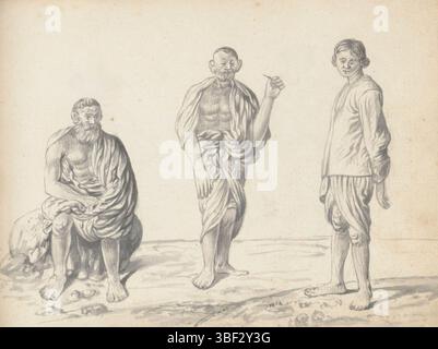 Sri Lanka, Boursse, Esaias, Three workers, Sri Lanka, Three laborers, Outside along the road are three men, as if they are posing for the artist. On the left side of a rock is a man. He carries a loin cloth (veshti, lungi) drawn between his legs up above his knees, and over his back, shoulders and left arm a second cloth (chadar) that leaves his right arm uncovered. The ends of this cloth are on his lap. The man in the middle also wears a calf-long loin cloth (veshti, lungi), and around his shoulders, back and upper arms a shawl (chadar) whose end is stuck in the waist. Upper body and both for Stock Photo