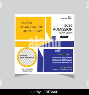 2026 Admission Now Open: Educating Champions of Tomorrow ,Modern, geometrically-designed flyer or social media graphic announcing the 2026 admission. Stock Vector