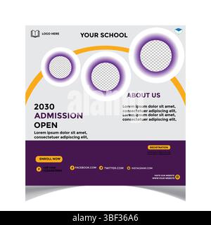 2030 School Admission Open Social Media Template, or Modern School Admission 2032 Social Media Post Design Stock Vector