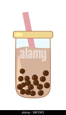 Boba tea with tapioca pearls and pink straw in rounded glass tumbler, vector illustration Stock Vector