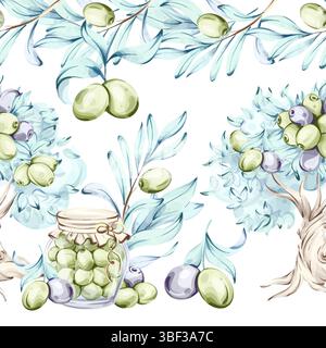 Olives and olive oil watercolor illustration series featuring seamless patterns arrangements and decorative frames inspired by Italian cuisine nature Stock Vector