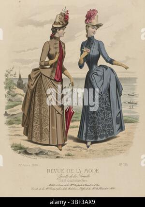 Paris, Faivre, P., Cheffer, E., Chillot, A., Revue de la Mode, Gazette de la Famille, dimanche 20 juin 1886, 15th Année, No. 755: Modèles & Tissus, Paris, in the middle - engraved, Two women walk in the dunes, in the background the beach with some boats. Left: costume of beige wool, red 'Surah' and black soutache. Coat with lapel attached with big buttons. Right: dress of plain grey 'sicilienne' and velvet. Model and fabrics of maison Brylinski et Girard. Under the presentation some rules advertising text for different products. Print from the fashion magazine Revue de la Mode (1872-1913). Det Stock Photo