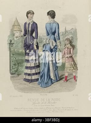 Paris, Falconer, Deferneville, P., Revue de la Mode, Gazette de la Famille, dimanche 11 septembre 1881, 10e année, No. 506: Toilettes de Melles Vidal, Paris, in the middle - engraved, Two women and a girl with jump rope in a landscape. The ladies are dressed in Vidal dresses. Left: dress of purple 'surah' and white lace. Right: dress of light blue woollen mousseline and sky blue silk. The girl's wearing a Barbe Anglaise. Below some rules advertising text for different products. Print from the fashion magazine Revue de la Mode (1872-1913). Detailed description of the clothing on page 307 and 30 Stock Photo