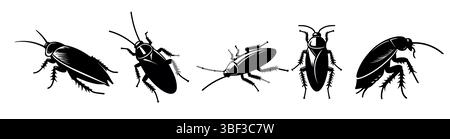 Cockroach silhouette set insect illustration. Cockroach black silhouette icon vector anatomy design Stock Vector