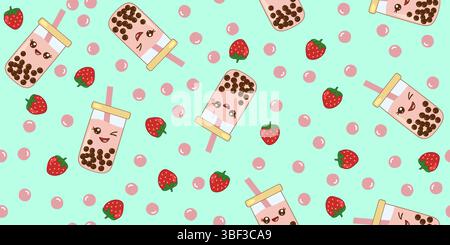 Cute seamless pattern kawaii style strawberry bubble tea on turquoise background, vector illustration Stock Vector