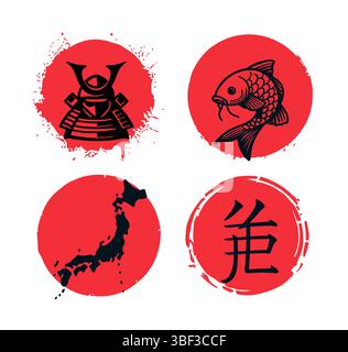 Traditional Japanese symbols with red sun circles featuring samurai helmet koi fish map and kanji character design Stock Vector