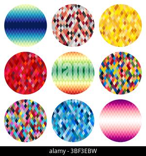 Set of nine colorful circles of rhombuses isolated on white background. Abstract vector background. Stock Vector