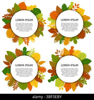 Set of four vector card with yellow leaves isolated on white background. Colorful autumn leaves under white round label. Stock Vector