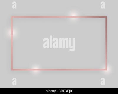 Shiny frame with glowing effects. Rose gold rectangular frame with shadow on grey background. Vector illustration Stock Vector