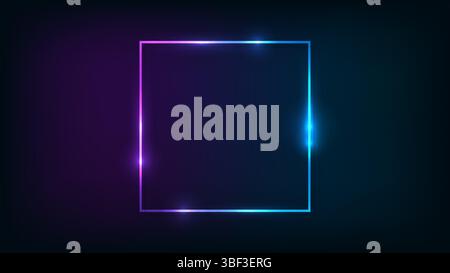 Neon square frame with shining effects on dark background. Empty glowing techno backdrop. Vector illustration. Stock Vector